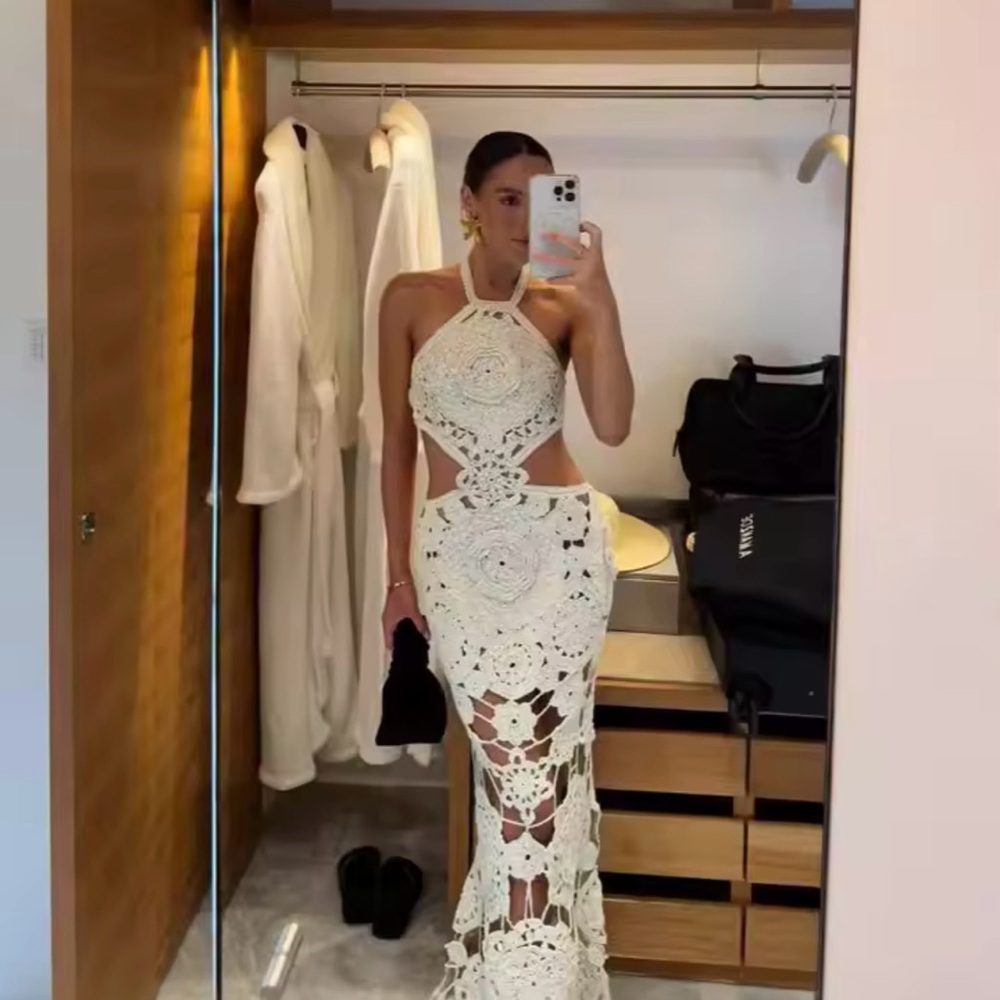 Elegant Cream Crochet Halter Dress